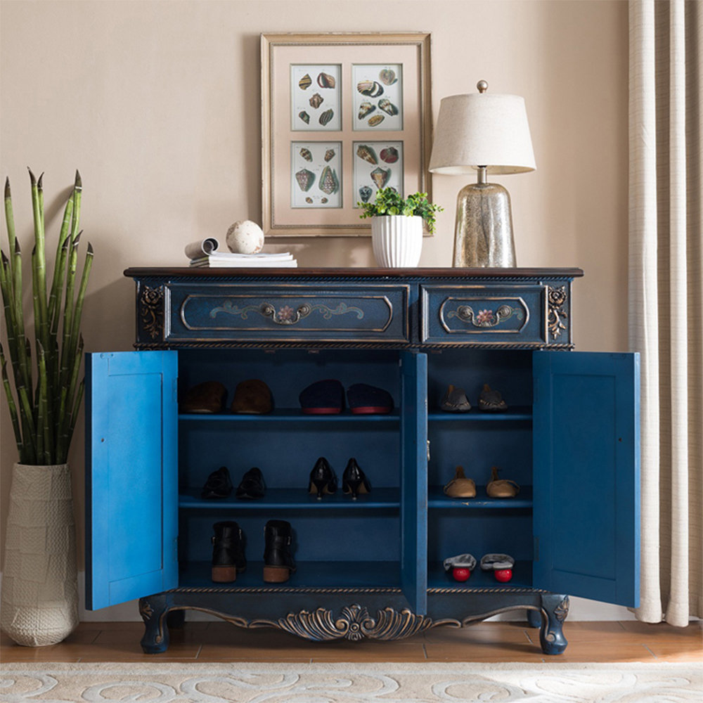 オフィス家具 Shoes box 3 door Gray Green Blue Antique Vintage+Carved+And+Painted+